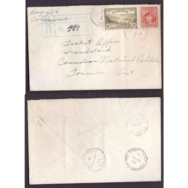 Canada-cover #5174-4c+10c regd-Simcoe cty-Collingwood,Ont-Au 24 1949-