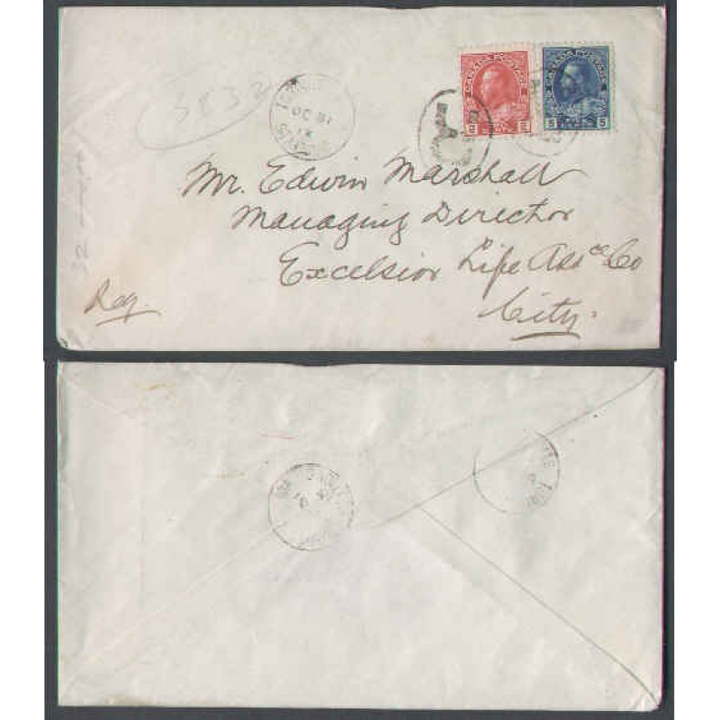 Canada-cover #5954-2c+5c regd -York Cnty-Toronto,Ont - Oc 31 1913
