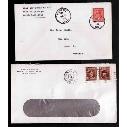 Canada-#9647-2 cvrs-3c KGVI war-Forest, Ont-Mr 31 1943 [ last day of 3c