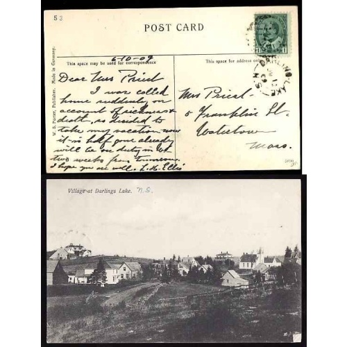 Canada-cover #11854-1c KEVII-p/c-Darling Lake,NS - Ju 12 1909 -