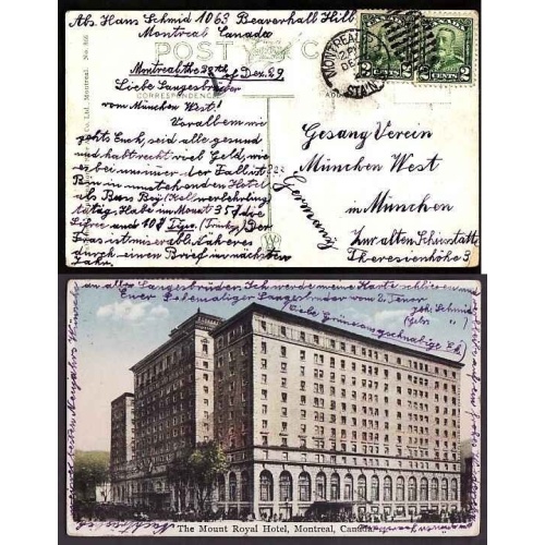 Canada-#9473 - 2c(2) KGV scroll on p/c to Germany-Montreal,PQ-Dec 26 1929 -4c f