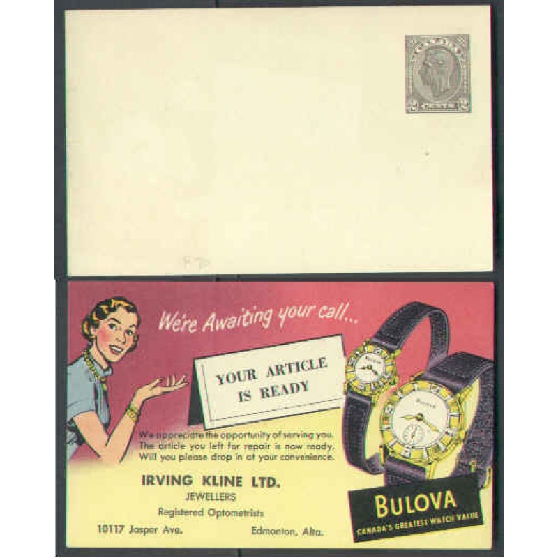 Canada-cover #6024-2c George VI card-postal stationery-P70 unused-Bulova watch
