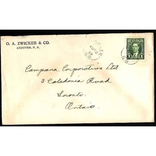 Canada-cover #10268-1c KGVI mufti-Andover, NB - Au 16 1939 -