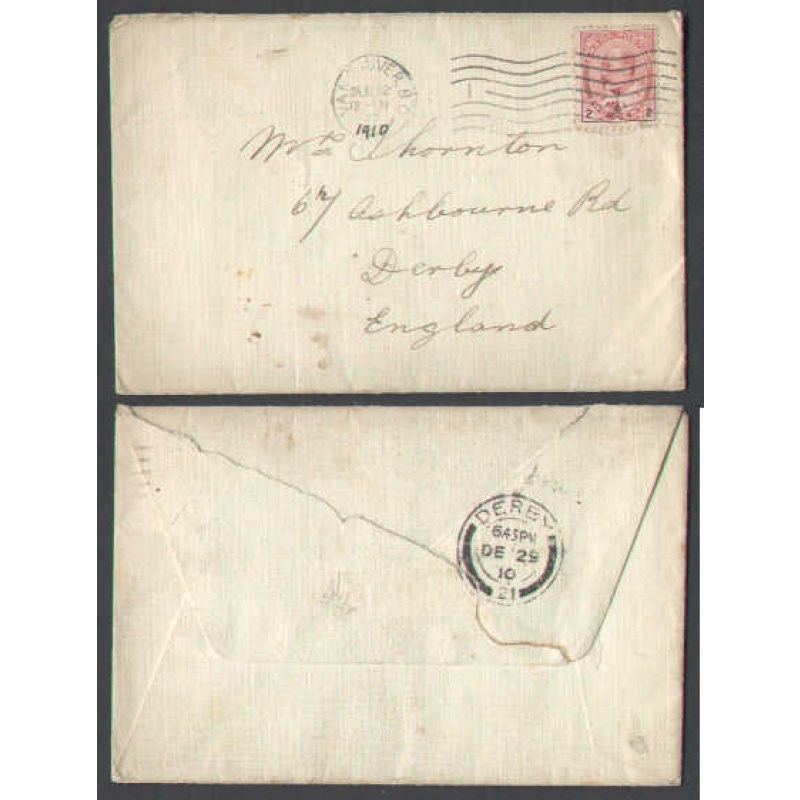 Canada-cover #4878-2c-Vancouver,BC to England-Derby,21-De 29 1910-