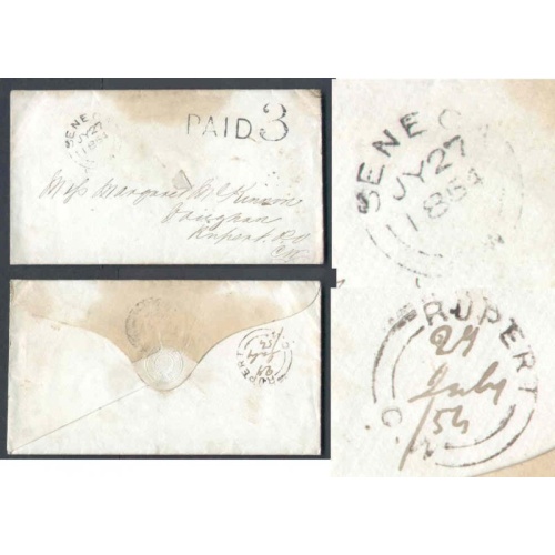 Canada-cover #9849-Stampless-Haldimand Cnty-Seneca,CW -Jy 27 1854-rated "Paid 3"