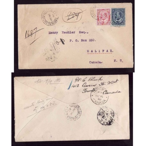 Canada-cover #14222–2c+5c-regd-Henry Hechler-Toronto,Ont-No 16 1910