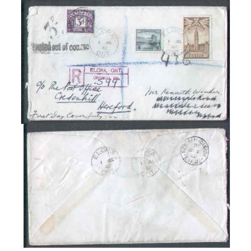 Canada-#9689 -  4c Grain elevator+10c Parliament FDC reg'd to the UK - Wellington