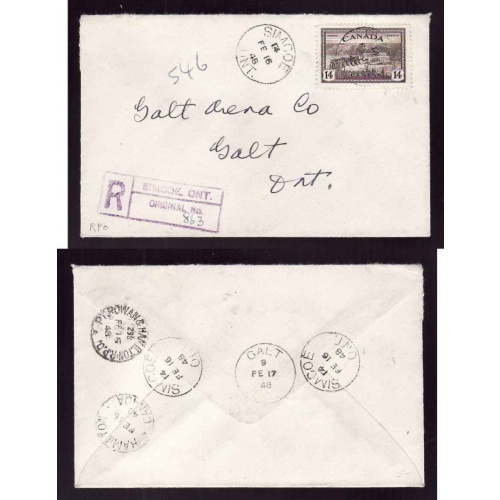 Canada cover #14176–14c regd-Norfolk Cnty-Simcoe,Ont-Fe 16 1948–B/S RPO