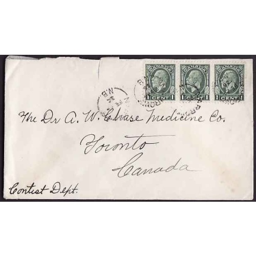 Canada-cover #10274 - 1c(3) KGV medallion - Narrows, NB - Fe 24 1936