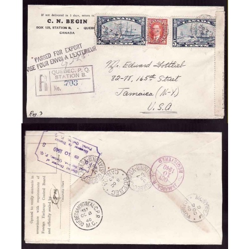 Canada-cover #14208–5c(2)+3c regd-FECB sticker-Passed For Export-B/S Quebec
