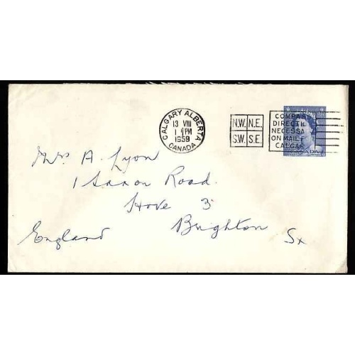 Canada-cover #13177-5c stationery [EN 72]-England-Calgary,Alberta-13 VIII 1959 -