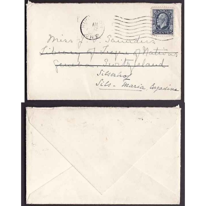 Canada-#9578 - 5c KGV medallion to Switzerland and re-directed-Frontenac Cty-