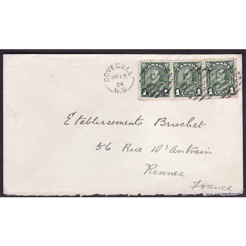 Canada-cover #10359-1c(3) KGV-France- Covedell,NB- Jan 15 1934 -