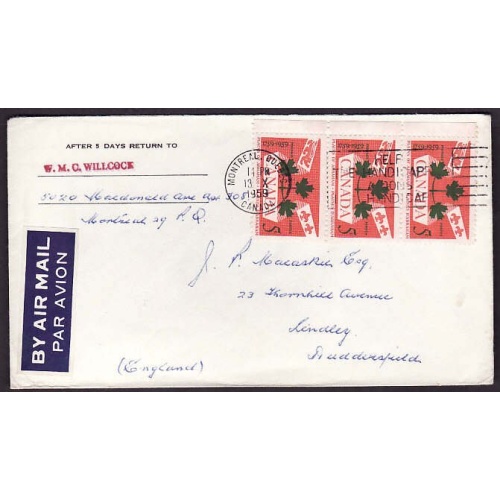 Canada-cover #9947 - 5c(3) Plains of Abraham airmail to England - Montreal , PQ - 13 X 1959