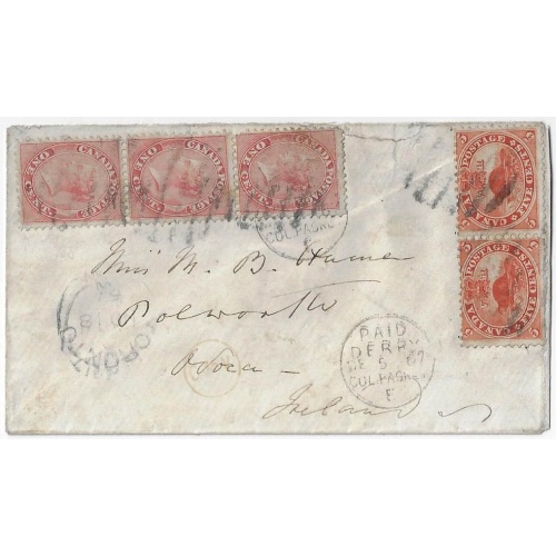 1867, 1¢ (3), 5¢ (2) Cents, Toronto, 12½¢ Allan Line rate to Ireland.