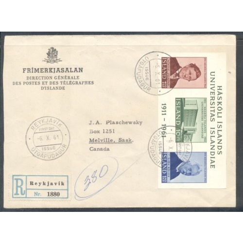 Iceland Sc 344a 1961 sheet on registered FDC to Saskatchewan