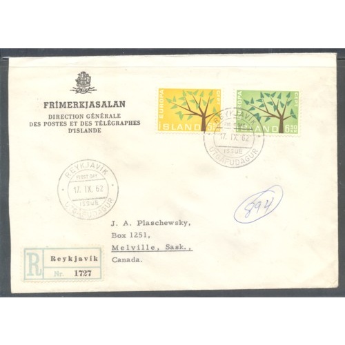 Iceland Sc 348-349 1962 Europa stamp set on registered FDC to Saskatchewan