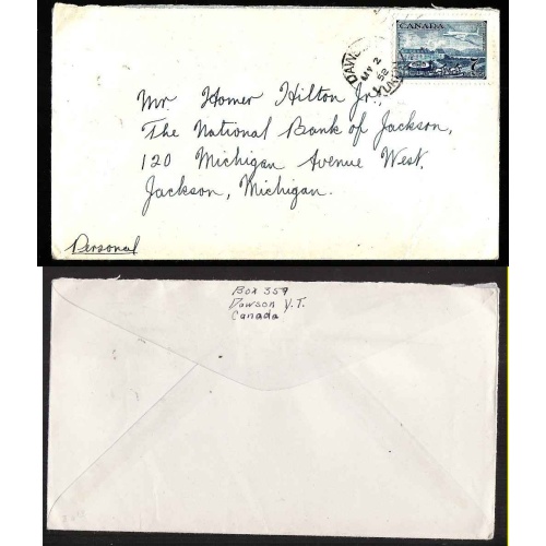 Canada-cover #4985-7c to USA - Dawson,Yukon duplex-My 2 1952-