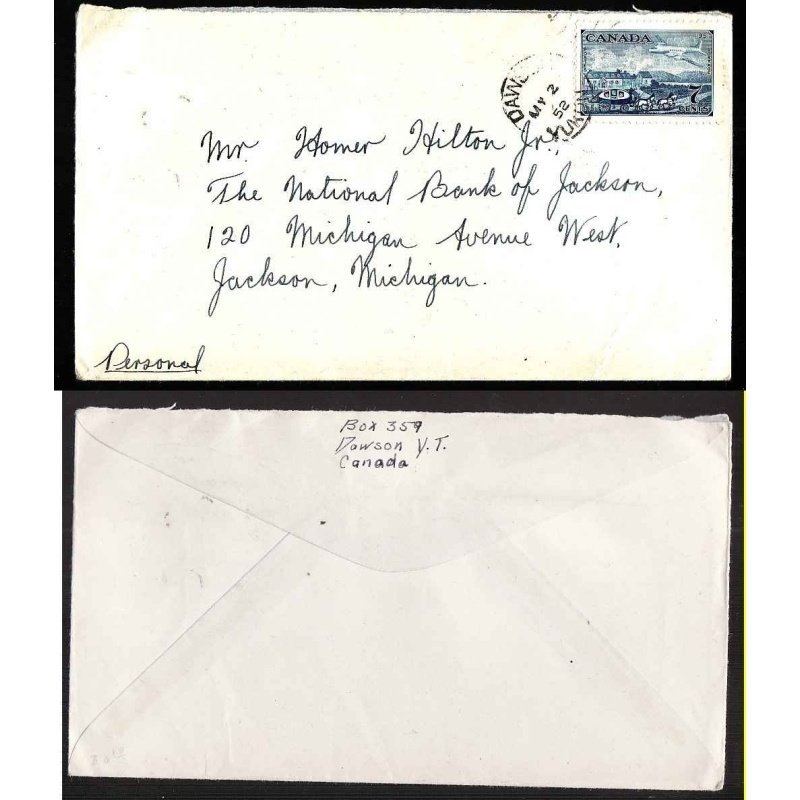 Canada-cover #4985-7c to USA - Dawson,Yukon duplex-My 2 1952-