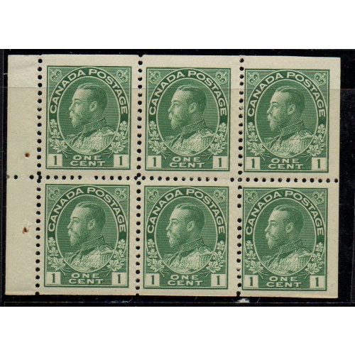 Canada Sc 104a 1911 1 c G V green Admiral stamp booklet pane of 6 mint