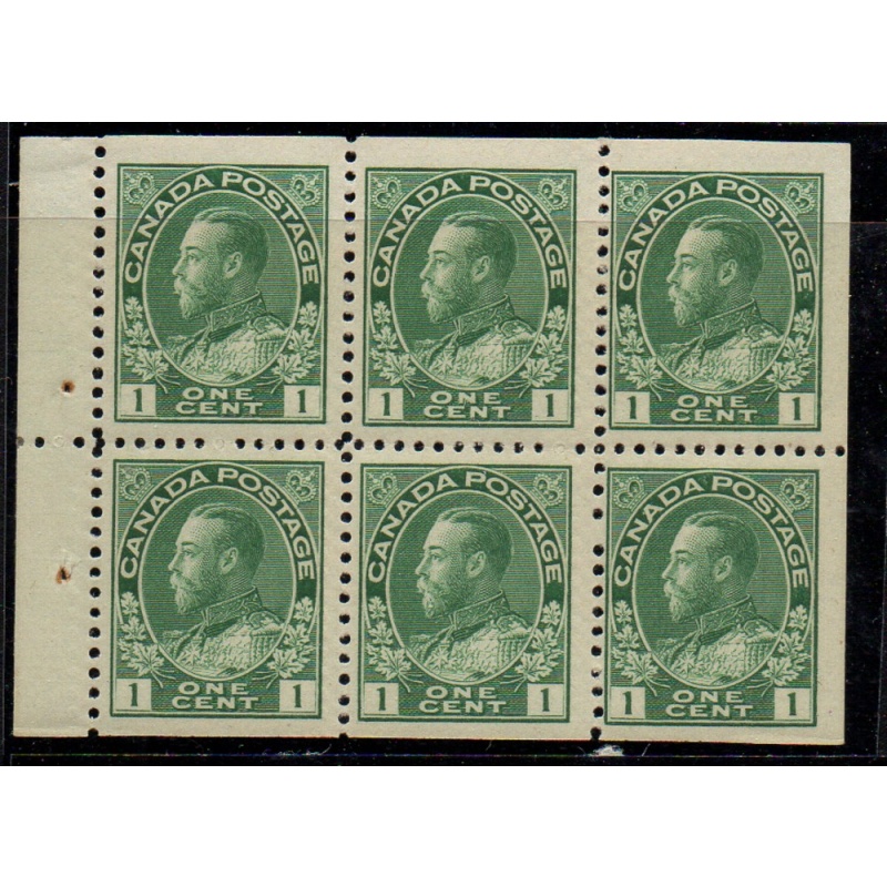 Canada Sc 104a 1911 1 c G V green Admiral stamp booklet pane of 6 mint