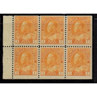 Canada Sc 105b 1922  1 c G V yellow Admiral stamp booklet pane of 6 mint