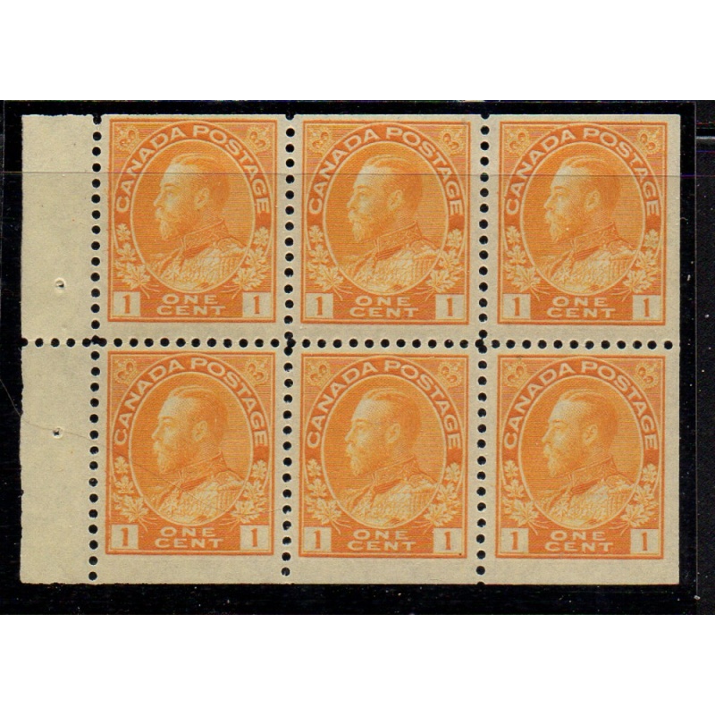 Canada Sc 105b 1922  1 c G V yellow Admiral stamp booklet pane of 6 mint
