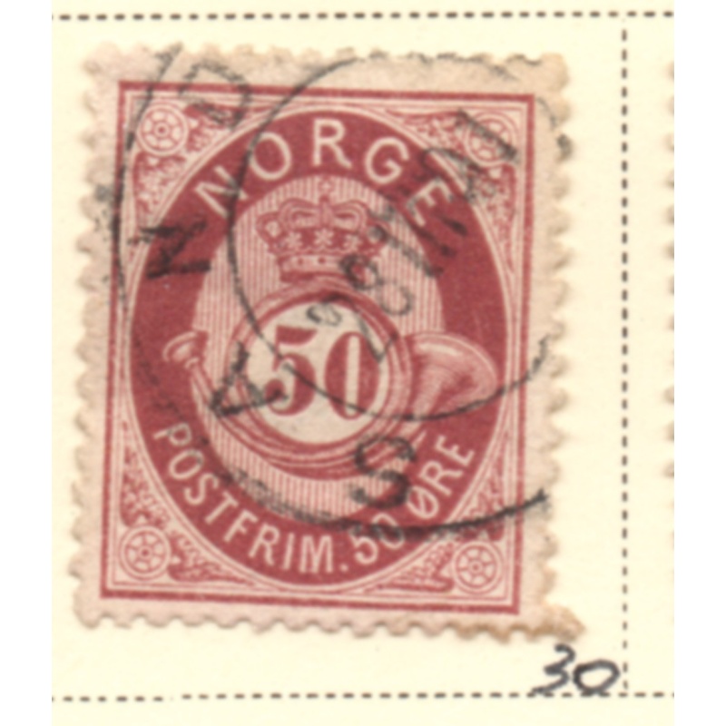 Norway Sc 30 1877 50 ore maroon posthorn stamp used
