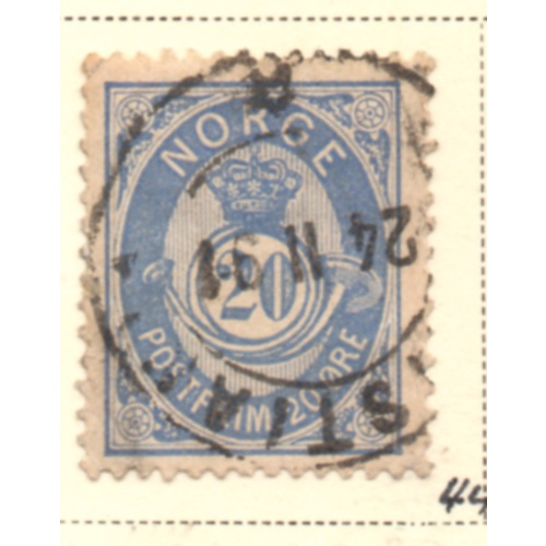 Norway Sc 44 1886 20 ore blue posthorn stamp used