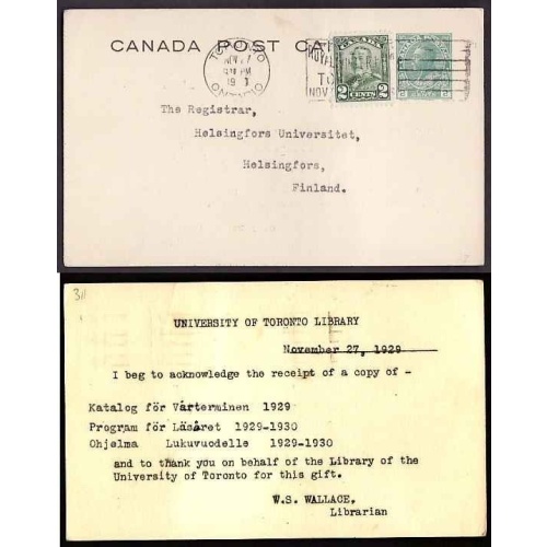 Canada-#9455-2c Admiral postal stationery + 2c KGV-Finland- Toronto, Ontario-Nov 27