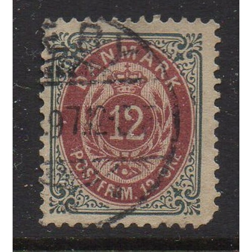 Denmark Sc 29 1875 12 ore slate & dull lake Royal Emblems stamp used
