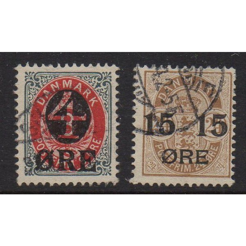 Denmark Sc 55-56 1904-12 4 & 15 ore overprints stamp set used
