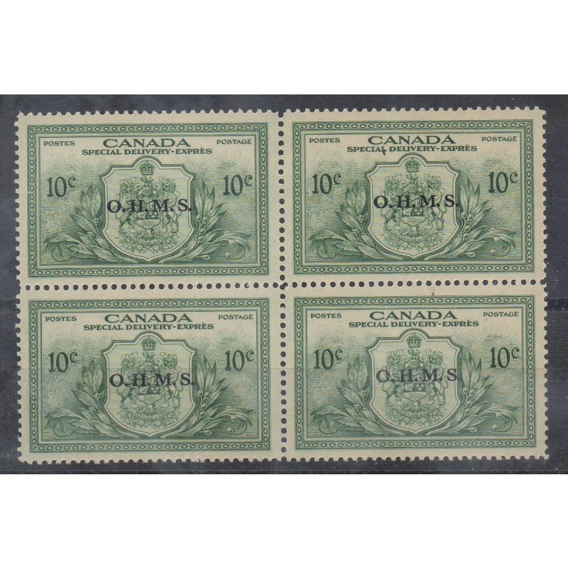 Canada Sc EO1 1950 10c Special Delivery OHMS overprint block of 4 mint NH