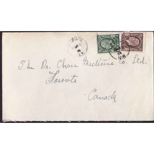 Canada-cover #10239-1c+2c KGV medallion-Cocagne,NB- Nov 23 1934 -