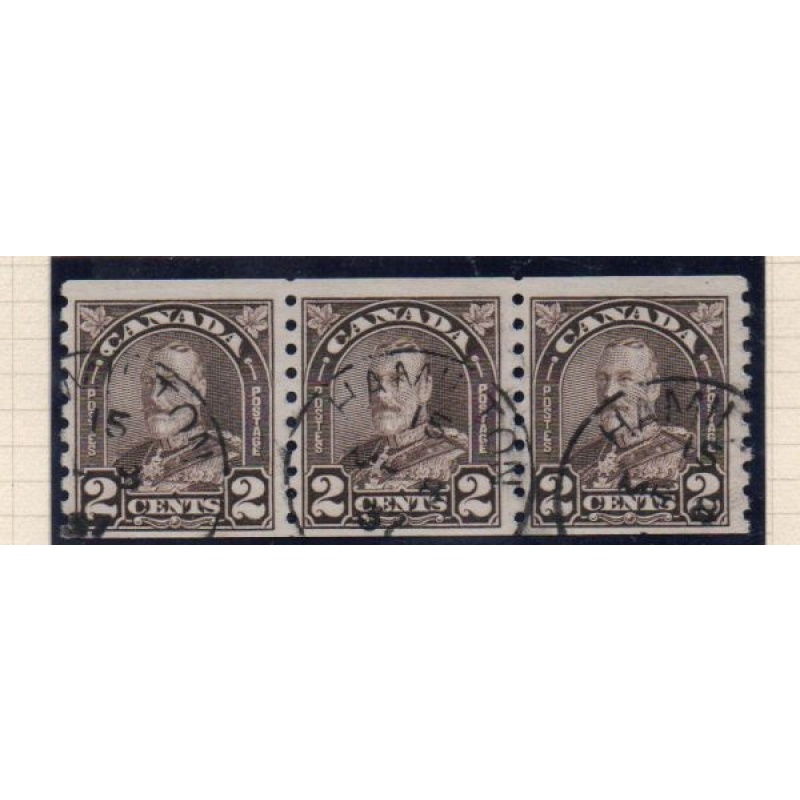 Canada Sc 182 1930 2c dark brown G V coil stamp strip of 3 used