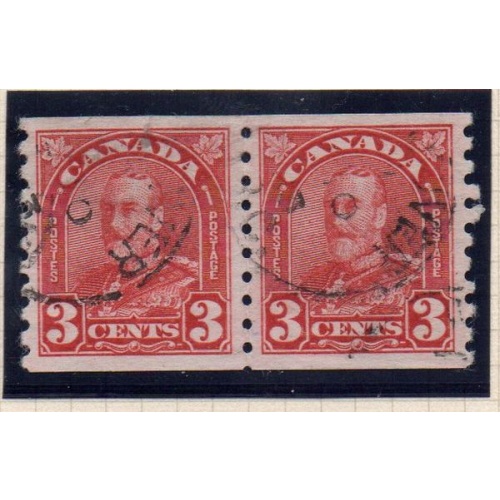 Canada Sc 183 1931 3c deep red G V coil stamp pair used