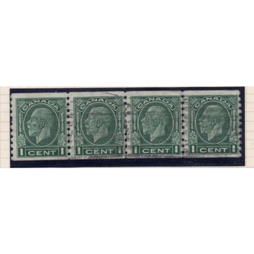 Canada Sc 205 1933 1c dark green G V coil stamp strip of 4 used