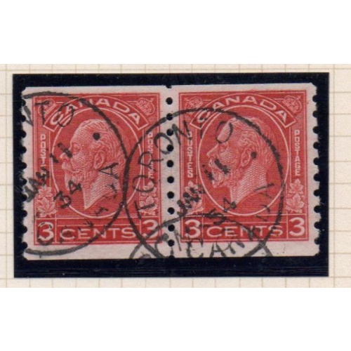 Canada Sc 207 1933 3c deep red G V coil stamp pair used
