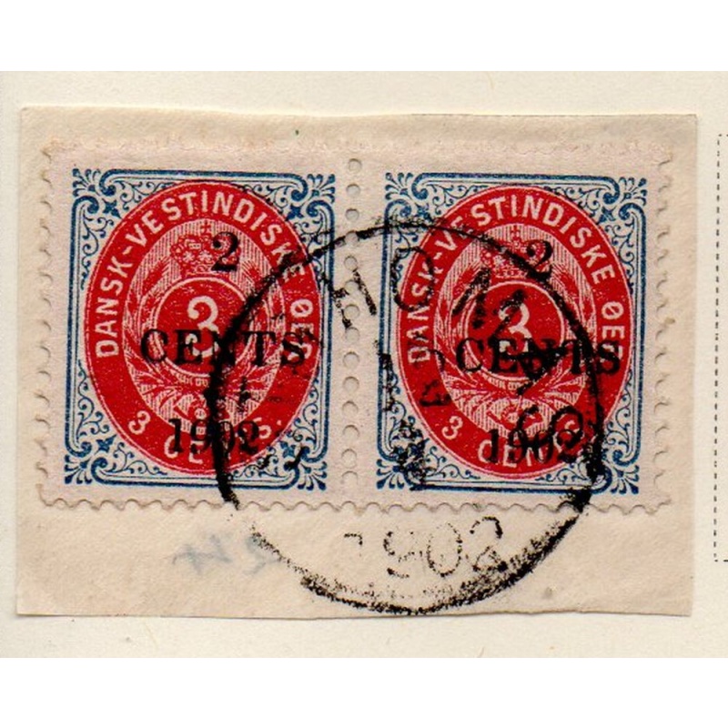 Danish West Indies Sc 27 1902 2c on 3c  stamp pair used on piece