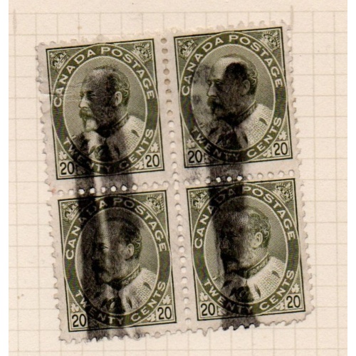 Canada  sc 94 1904 20 c E VII stamp block of 4 used