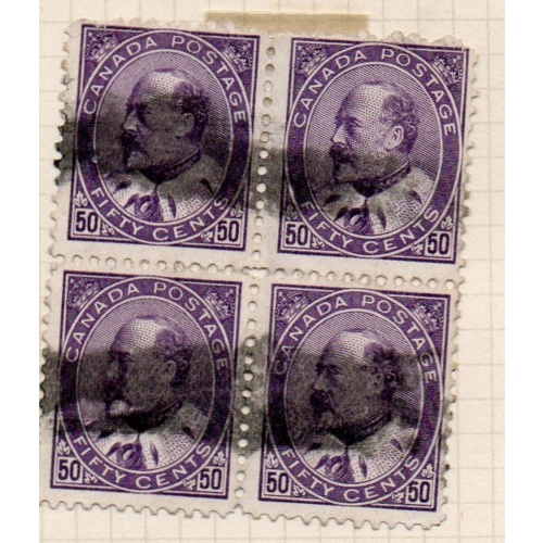 Canada  Sc 95 1908 50 c E VII stamp block of 4 used