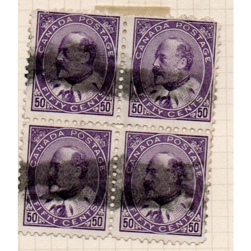 Canada  Sc 95 1908 50 c E VII stamp block of 4 used