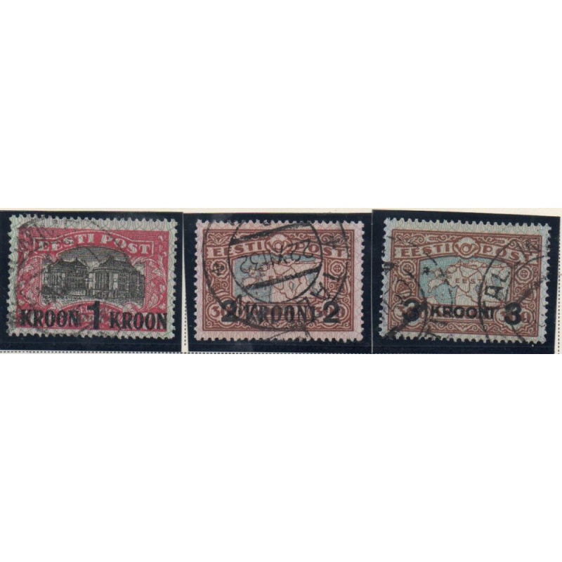 Estonia Sc 105-107 1930  Kroon overprint on Theatre & Map stamp set used