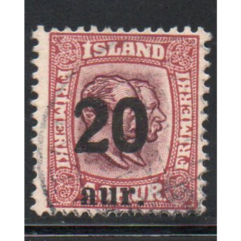 Iceland Sc 135 1921 20aur surcharge on 40 aur 2 Kings stamp used