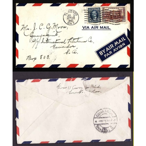 Canada-cover #13905-20c+ 5c-Equador-York Cnty-Toronto,Ont-B/S Guayaguil