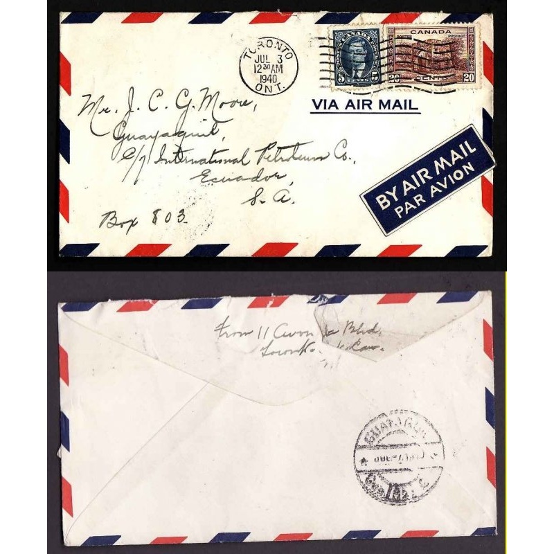 Canada-cover #13905-20c+ 5c-Equador-York Cnty-Toronto,Ont-B/S Guayaguil