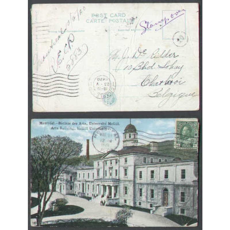 Canada-cover #4427-1c on p/c-Montreal,PQ-1920-1c UPU [no message]-Belgium-