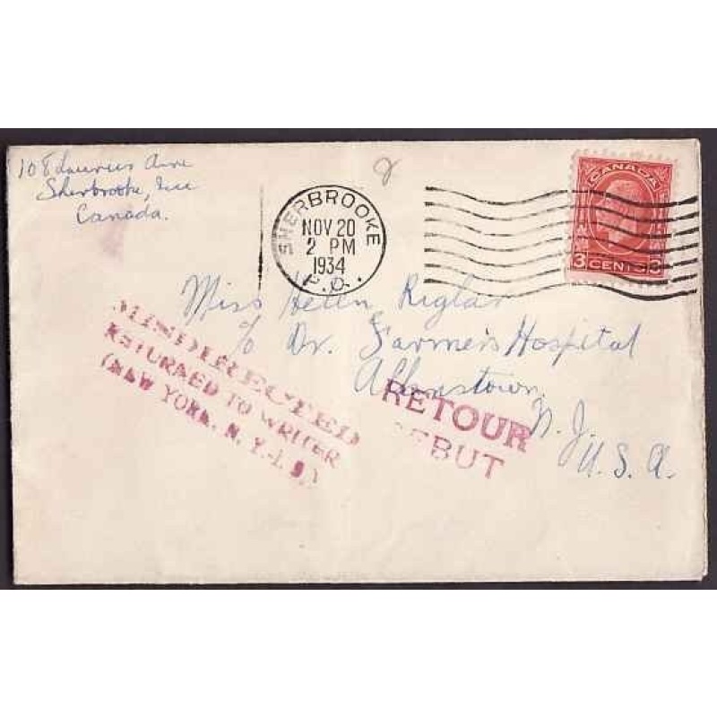 Canada-#9554-3c KGV- Sherbrooke, PQ-Nov 20 1934-H/S "Retour","Misdirected Return t