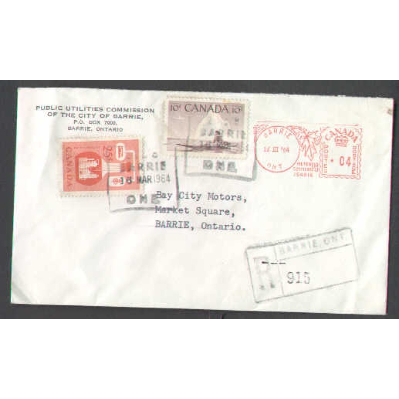 Canada-cover #5176-4c+10c+ 25c regd-Simcoe county-Barrie,Ont -16 Mar 1964