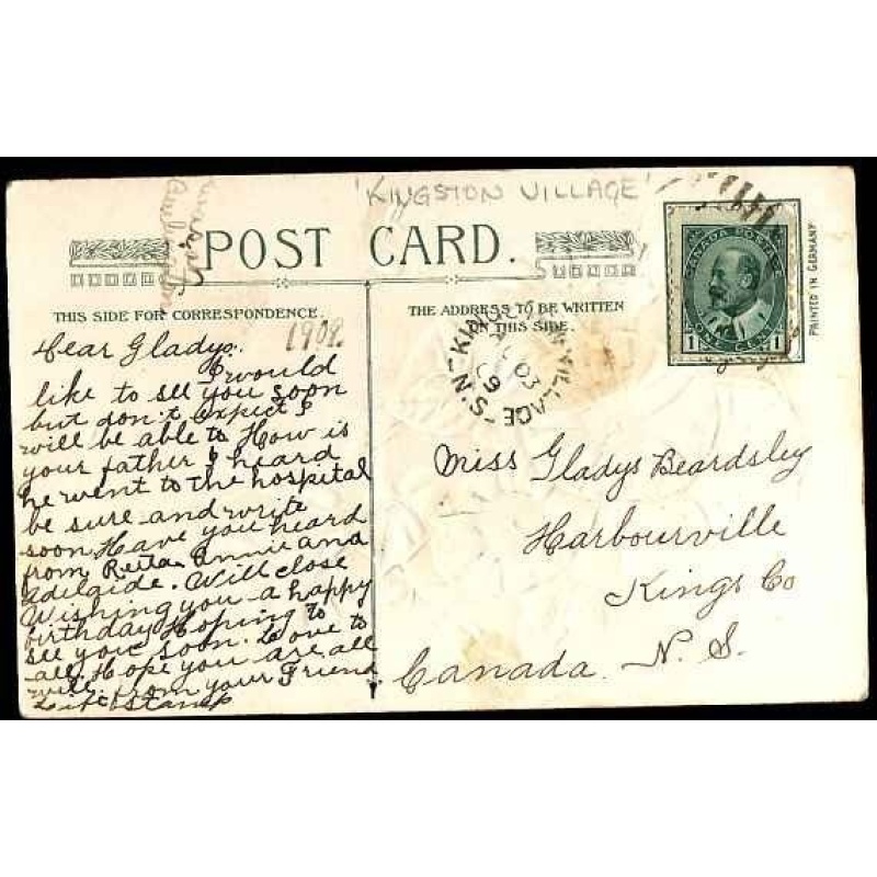 Canada-cover #11852-1c KEVII-p/c-Kingston Village, NS - Au 03 1909 -